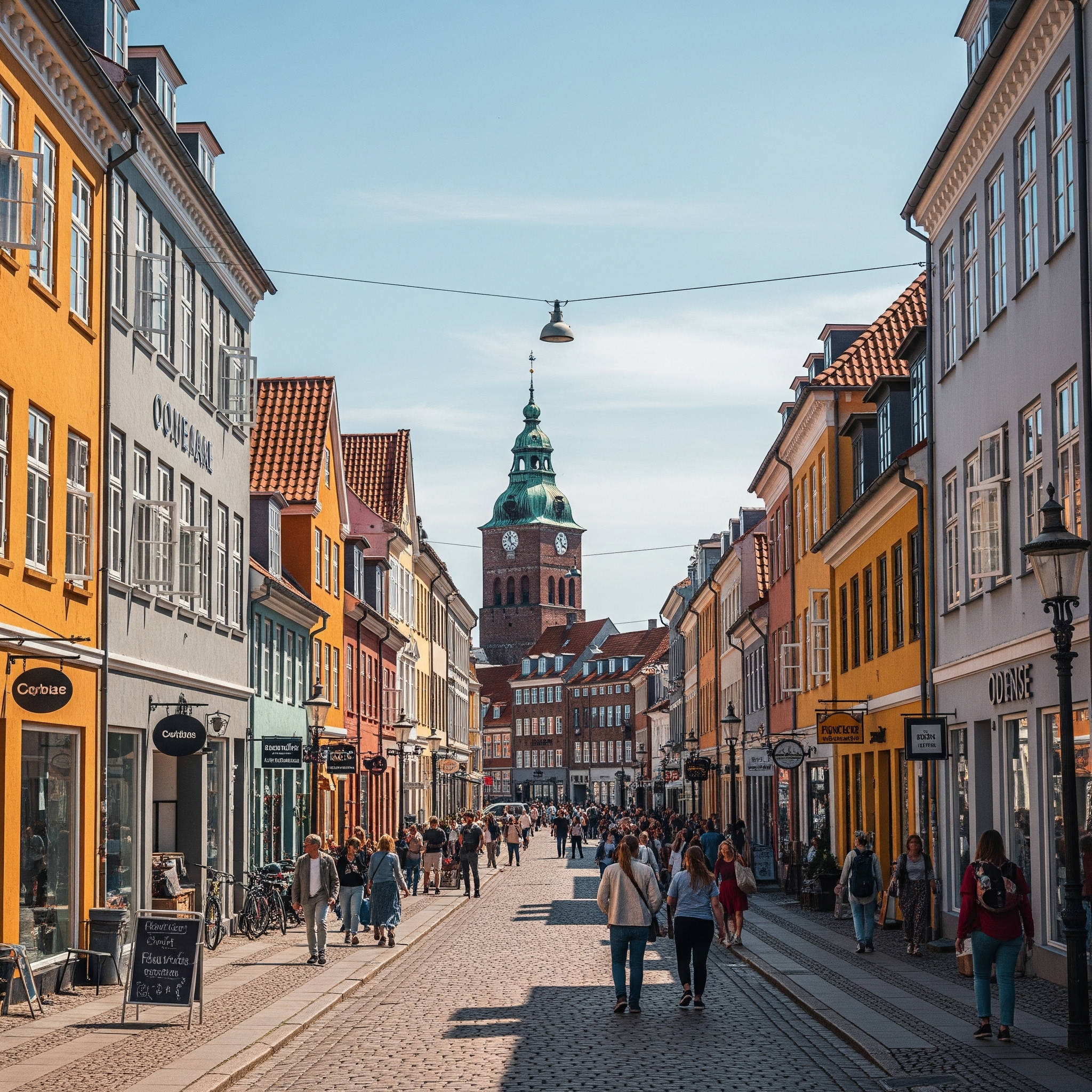 Fyn - Odense gågade med farverige bygninger og Sankt Knuds Kirke