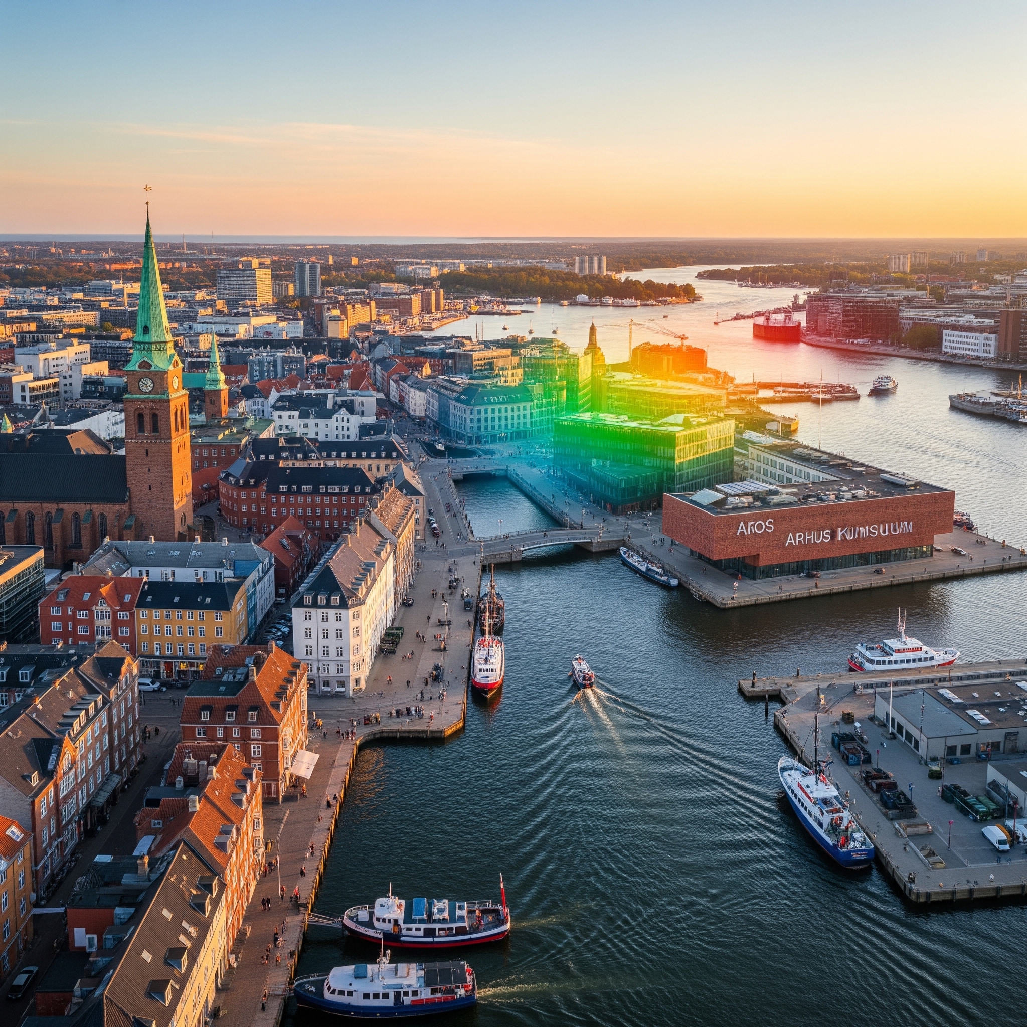 Jylland - Aarhus havn ved solnedgang med ARoS kunstmuseum